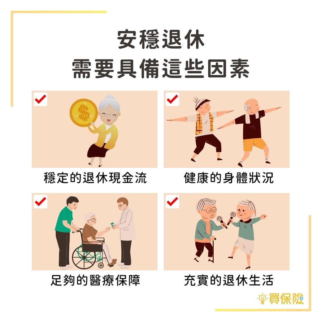 安穩的退休生活需具備的條件：穩定的現金流、健康的身體、足夠的醫療保障、充實的退休生活