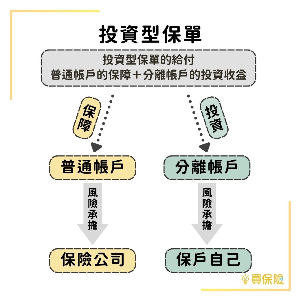 投資型保單兼具保障、投資，特色為分為保障帳戶及投資帳戶，但投資帳戶的盈虧由保戶自負